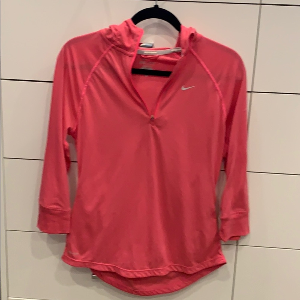 Pink dri fit Nike running with hood